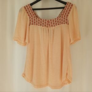 Kori America Peach Blouse – Square Neck Short Sleeve Boho Top – Size S